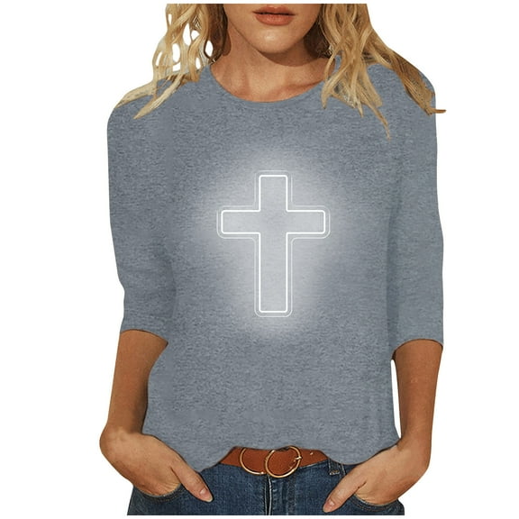 Plus Size Easter Shirt for Women 3/4 Sleeve Round Neck Tees Casual Loose Tunic Tops Funny Cross Graphic Pullover