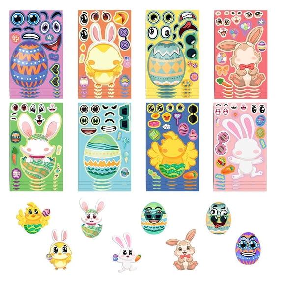 Easter DIY Make-a-Face Stickers for Kids, 8 Sheets of Waterproof & Reusable Stickers with Bunny, Chick & Egg Designs, Creative Activity Arts Crafts Sticker
