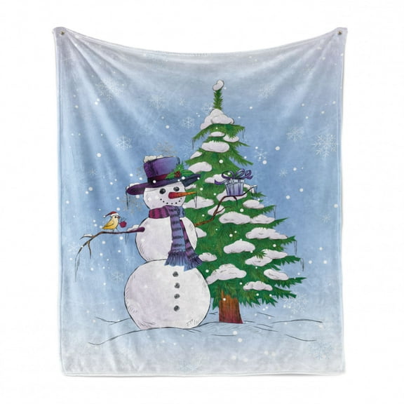 Christmas Soft Flannel Fleece Throw Blanket, Snowman in the Winter Mistletoe Present Top Hat and Scarf Tree and Bird, Cozy Plush for Indoor and Outdoor Use, 50" x 60", Blue Green, by Ambesonne