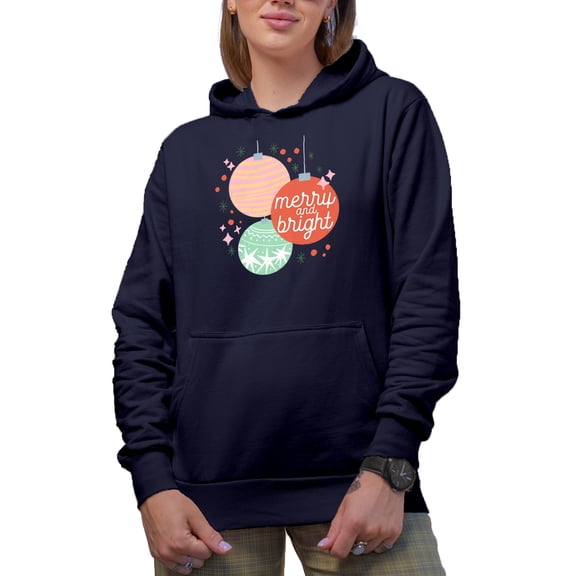 Merry and Bright & Hand Drawn Christmas Balls Art Merch Gift, Navy Blue Hooded Sweatshirt or Hoodie, Small