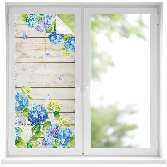 Window Privacy Film Blue Hydrangea Stained Glass Window Film Decorative Sun Block Window Cover Rustic Wooden Butterfly Spring Floral Window Clings Static Adhesive Sticker for Bathroom 17.7"x39.3"