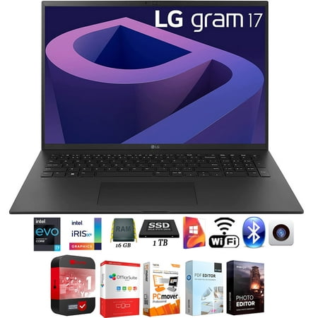 LG gram 17Z90Q 17" Lightweight Laptop, Intel i7-1260P, 16GB RAM/1TB SSD, Black Bundle with Elite Suite 18 Software + 1 Year Protection Warranty