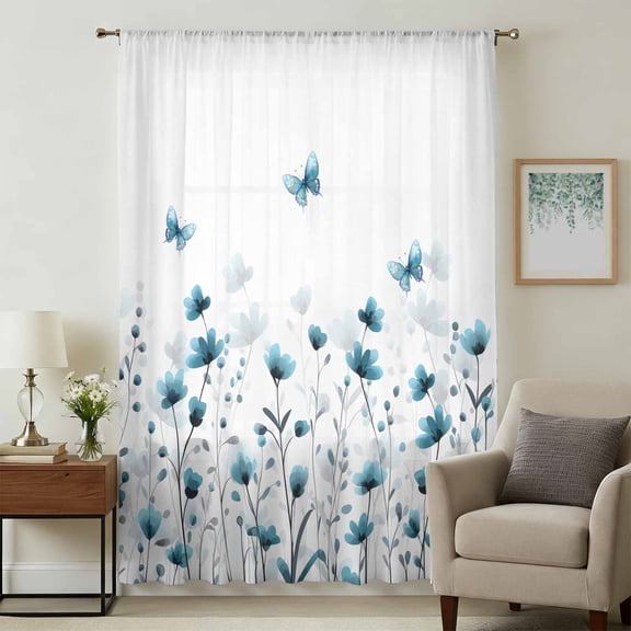 Turquoise Floral Butterfly Sheer Curtains 108" Extra Long, Spring Rustic Botanical Flowers Light Filering Curtains, Privacy Drapes Simi Floor to Veiling Curtain for Living Room Window Treatment
