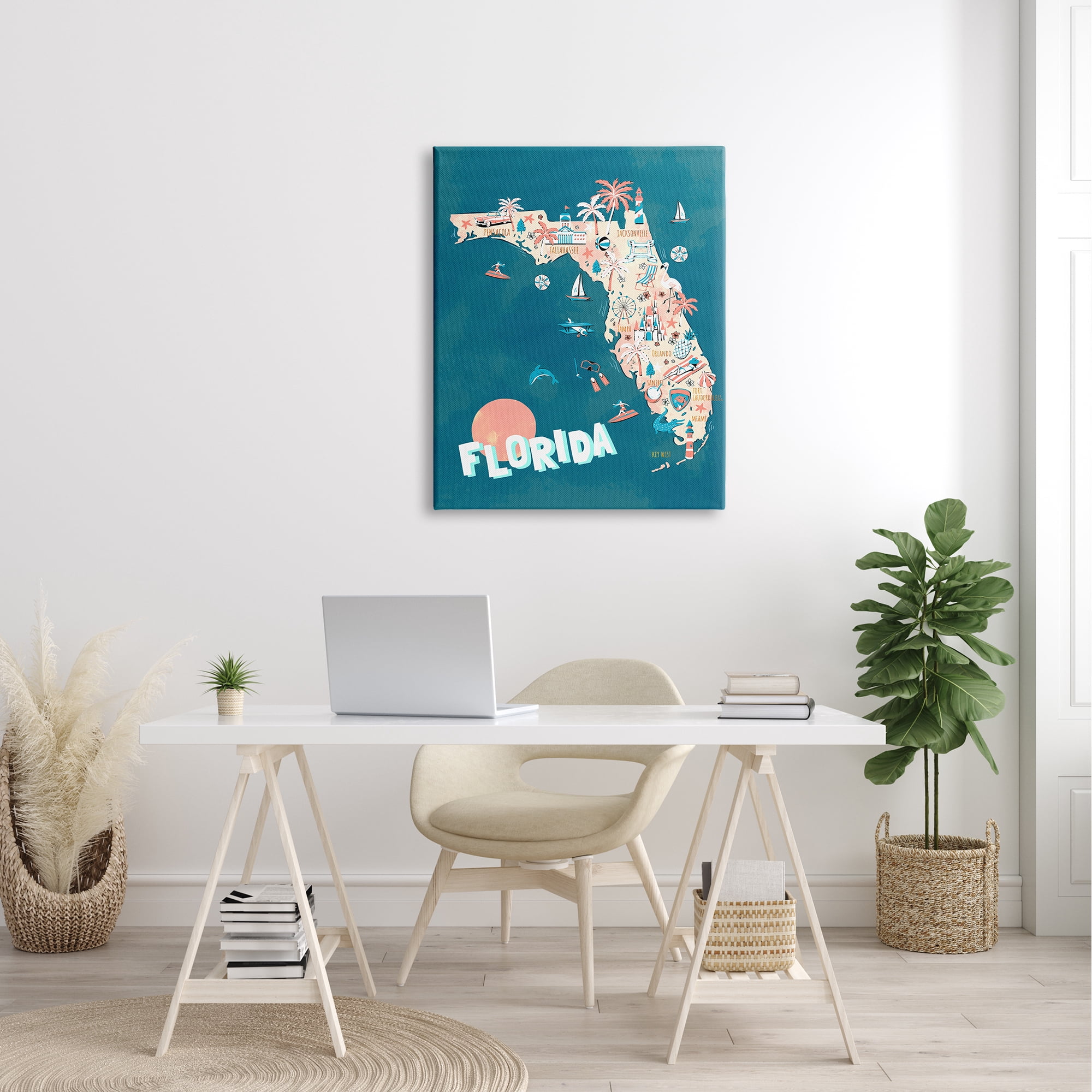 Stupell Industries Florida Sunny State Retro Vacation Tourism Vivid Map,30 x 40, Design by Ziwei Li