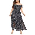 thumbnail image 1 of Robes Rouges pour Femmes Grande Taille Épaules Dénudées Froncée Corsage Fendue Robe Florale, 1 of 6