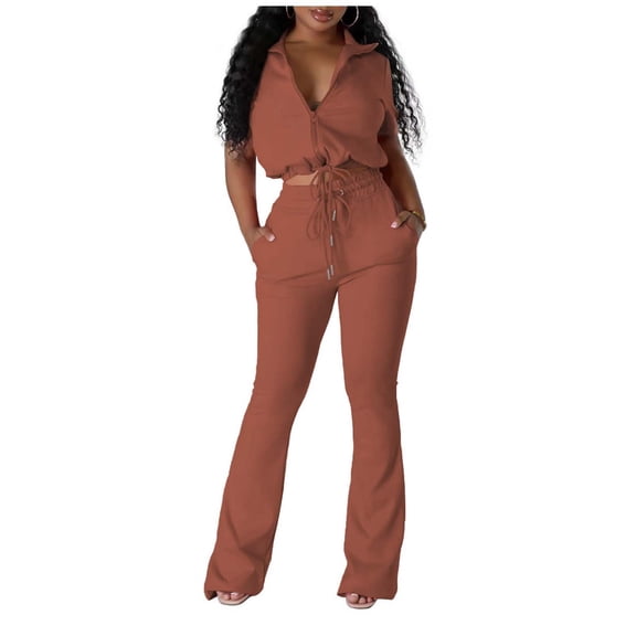 Women's Solid Color Lapel Fashion Casual Zippered Top & Flare Pants Two Piece Set Plaid Suit plus Size Suit for Women Dress plus Size Women Party Wedding Shower Suit Winter Dress Pants Dressy