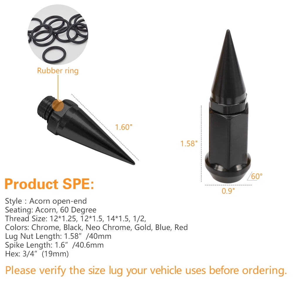 32 Black Universal 2pc Extended Spike Lug Nut M12x1.5 Conical Seat Hex 3/4
