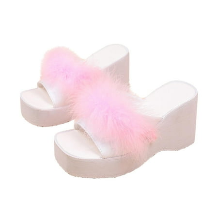 

Womens High Heel Slippers Comfortable Wedge Slippers Summer Sandals Women s Wedge-heeled Plush Slippers High-heeled Shoes Platform Beach Sandals Pink 5.5