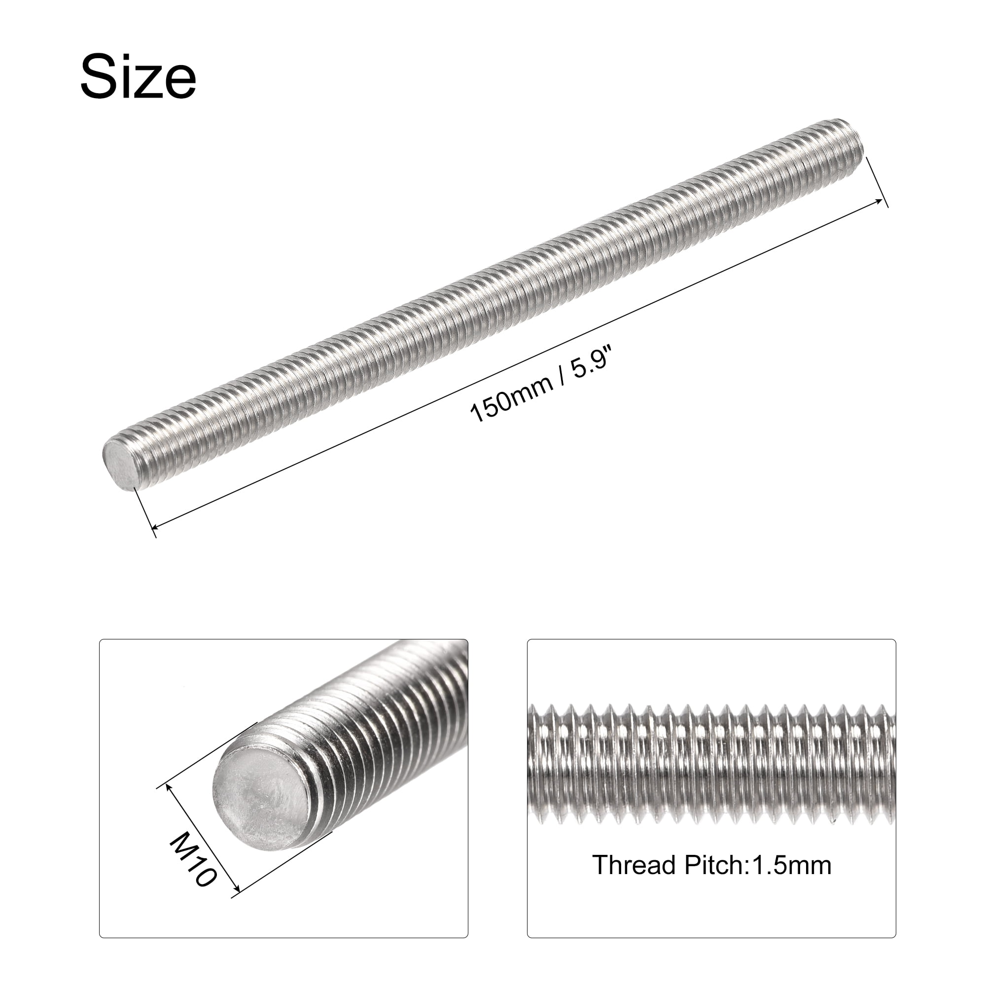 uxcell M10 x 150mm 304 Stainless Steel Right Hand Thread Fully Threaded Rod Stud 5PCS