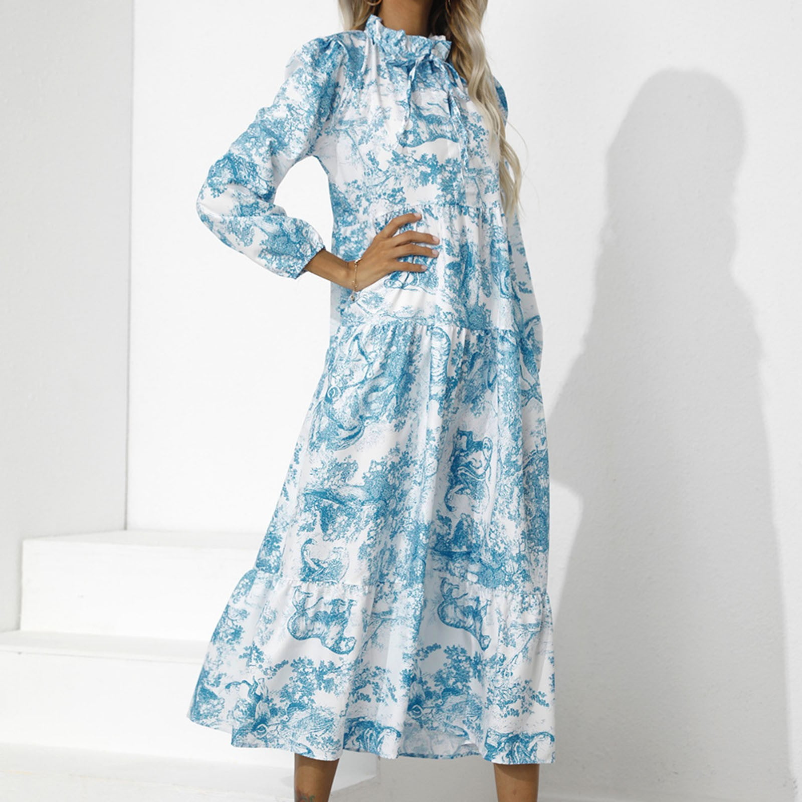 HSMQHJWE Reformation Dresses For Women Business Casual Dress Womens Round  Neck Maxi Dress Casual Loose Long Sleeve Tiered Hem Swing Flowy Long Dresses  Lace Dress Plus Size Women - Walmart.com