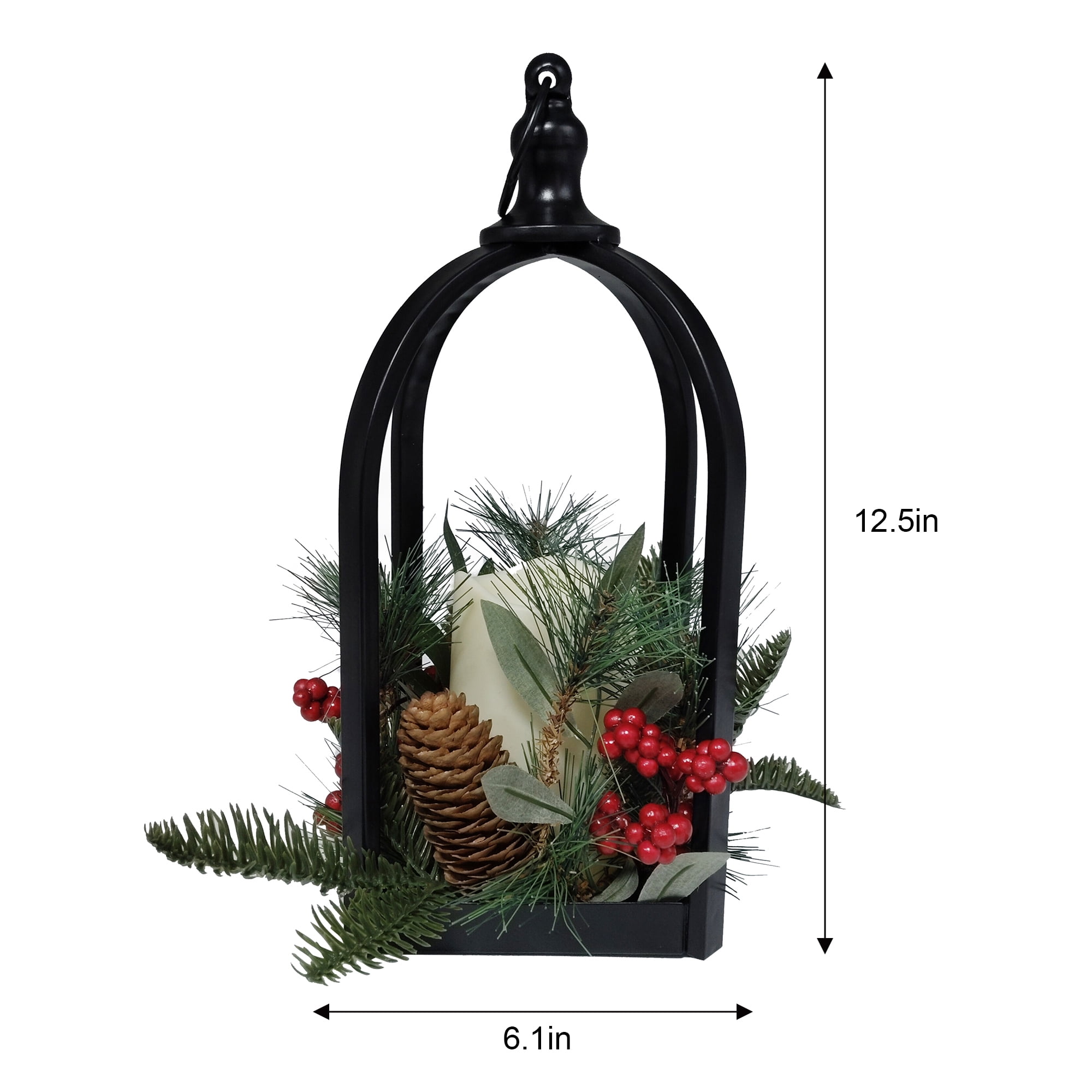 Lanterne noire en métal Holiday Time avec verdure et baies rouges
