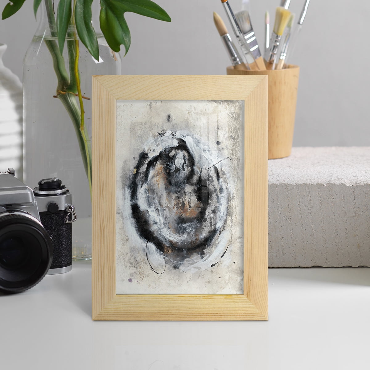 Circular Energy III -Framed Print w/glass-Natural Wood