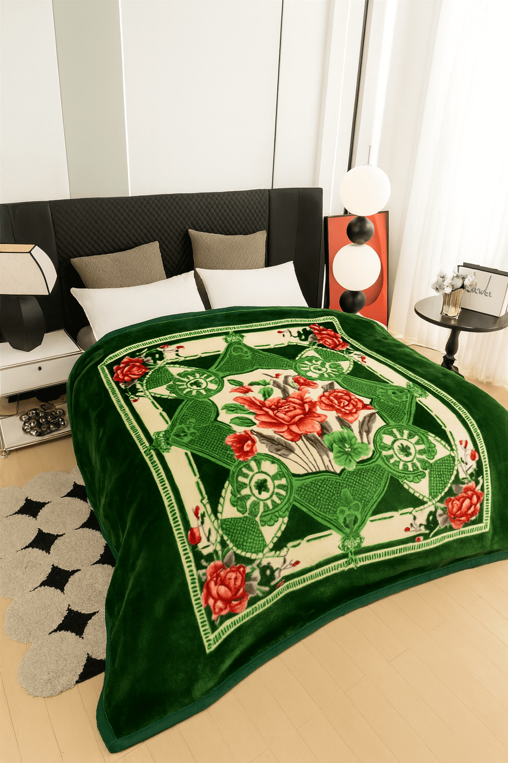 DBOZE King Size Heavyweight Faux Mink Blanket – 2 Ply Reversible Plush Fleece, Silky Soft & Warm, Green Rose Floral Pattern,  Luxury Gift ，Green/Red