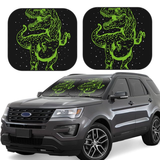 Balery DINOSAUR IN SPACE Parasol para parabrisas de coche de 2 piezas | Parasol plegable para parabrisas delantero de coche para la mayoría de sedanes-Medium