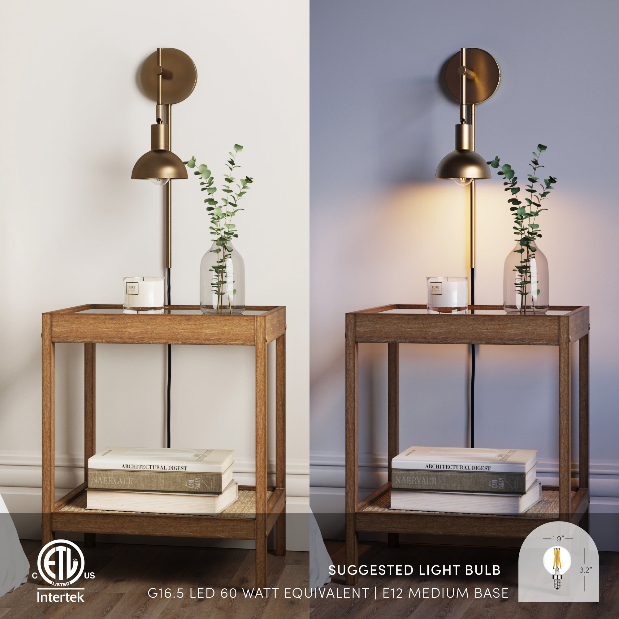 Nathan James Tamlin Brass Wall Mounted Sconce 1-Light Fixture with Plugin and On/Off Switch