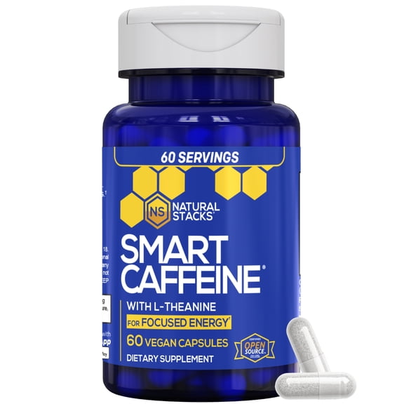 NATURAL STACKS Smart Caffeine Pills - 100mg Caffeine   200mg L-Theanine Supplement - Supports Energy and Focus - No Jitters and No Crash - 60 Capsules