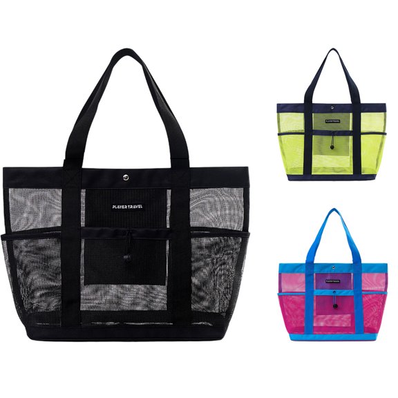 LHNFT Mesh Beach Bag with Rope Handles, Mesh Tote Bag for Women Contains Wicker Oversized Beach Tote Bag with 5 Small Pockets (Black)