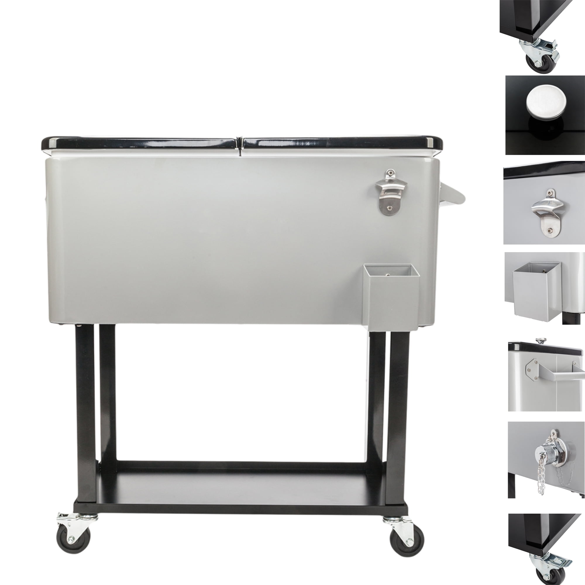SYNGAR 80 Quart Rolling Cart on Wheels, Portable Ice Chest with Shelf, Bar Drink Cooler, Beverage Cooler with Bottle Opener and Drain Plug, for Party Patio Poolside Camping, Silver, D7208