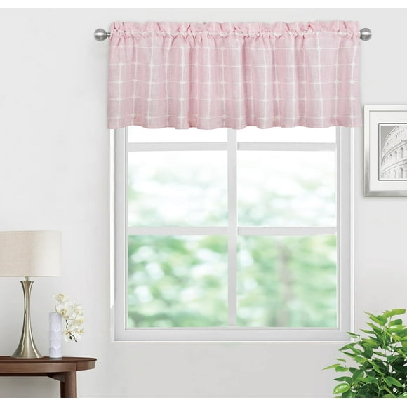 shiyou-2 Pack Embroidered Plaid Valances for Kitchen, Light Filtering Linen Textured Semi Sheer Small Window Curtain, Farmhouse Valance Rod Pocket for Bathroom and Cafe Windows, 52"W x 18"L, Light Pi