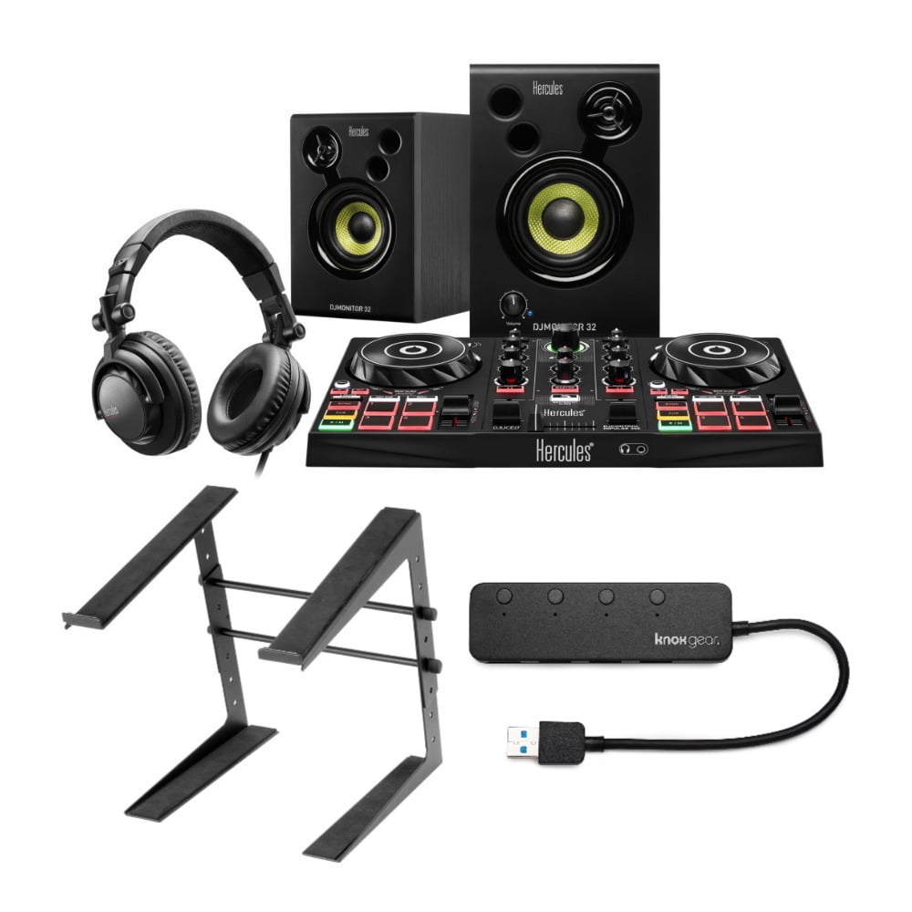Hercules DJ Learning Kit with Laptop Stand and Gear 4Port USB 3.0 Hub