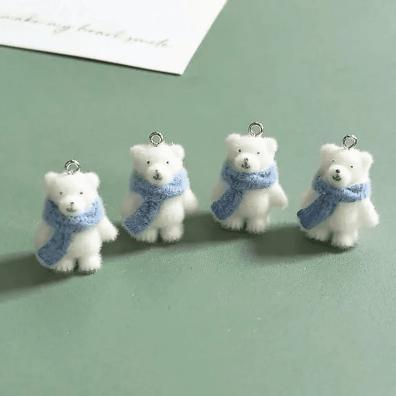 6 pcs of Fuzzy Bear Charms with Blue Scarf – Cute Winter Polar Bear Pendant for Earrings, Keychains, Resin Jewelry, Crafts