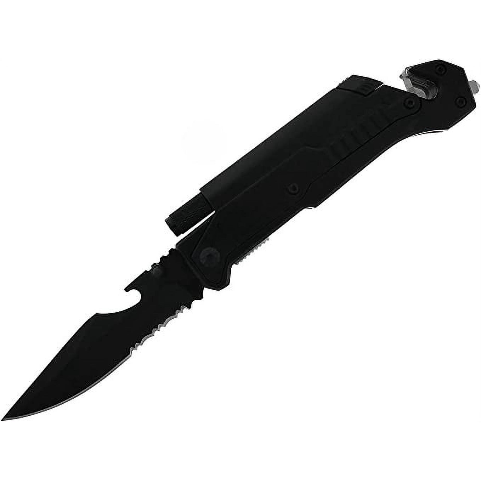 Gifts Infinity Tactical Knives 6-in-1 Survival Pocket Knife with Magnesium Fire Starter LED Flashlight Bottle Opener Seat Belt Cutter and Windows Breaker (Black)