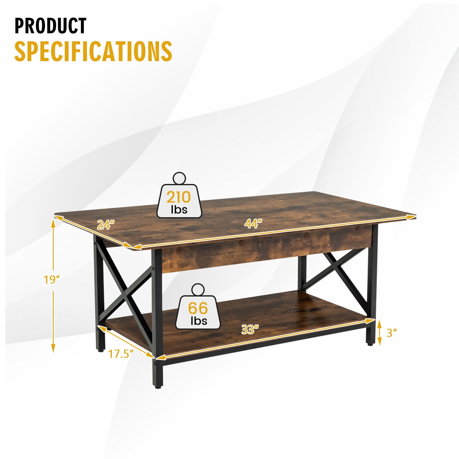 Gymax Coffee Table Industrial 2-Tier w/ Storage Shelf &Storage Shelf for Living Room Rustic Brown