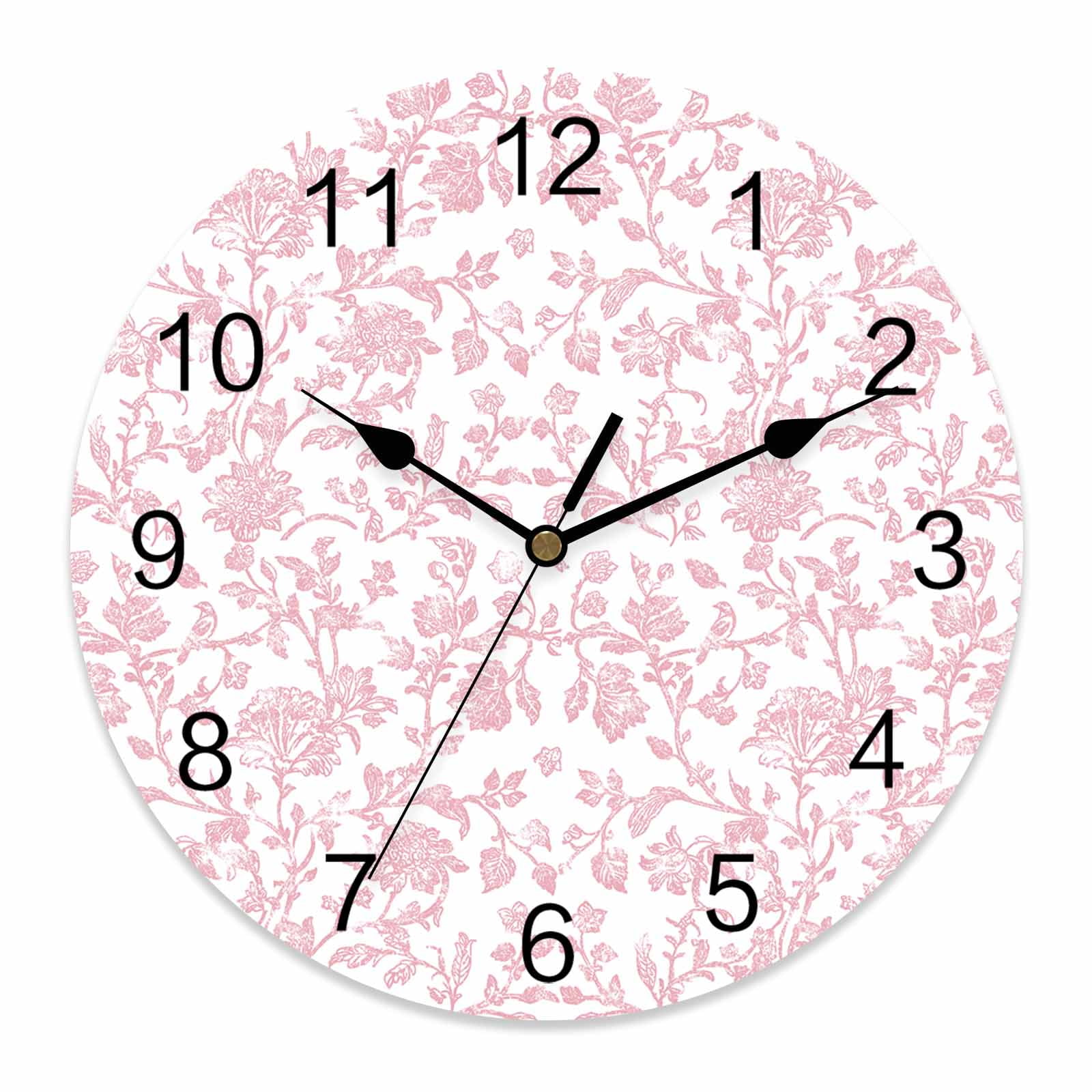 Wall Clock Pink Pastoral Flower Clocks PVC Silent Non-Ticking Battery Operated Decorative Farmhouse Floral Round Clock for Home Living Room Kitchen Bedroom Office School Wall Decor 14 Inch
