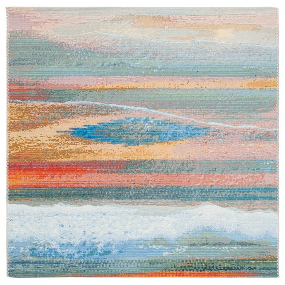 SAFAVIEH Barbados Abstract Beach Outdoor Area Rug, Light Blue/Pink, 6'6" x 6'6" Square