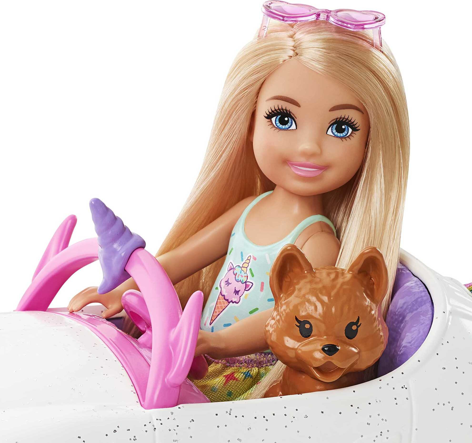Barbie Club Chelsea Doll & Toy Car, Unicorn Theme, Blonde Small Doll, Puppy, Stickers & Accessories - image 5 of 6