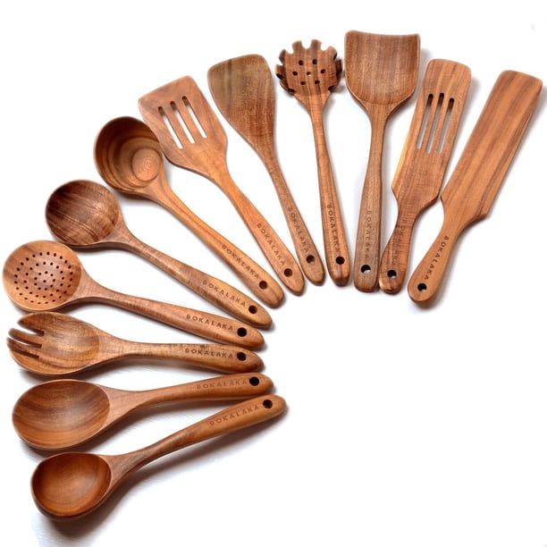 Cucharas de cocina de madera BOKALAKA, 12 piezas, madera de teca natural