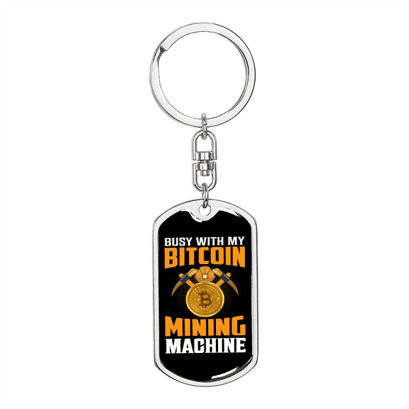 Bitcoin Mining Machine Crypto Stainless Steel or 18k Gold Premium Swivel Dog Tag Keychain