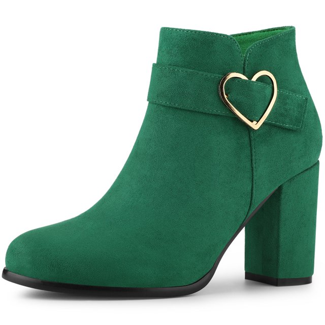 Botines de tacón alto grueso Allegra K con punta redonda en forma de corazón para mujer Verde esmeralda 40
