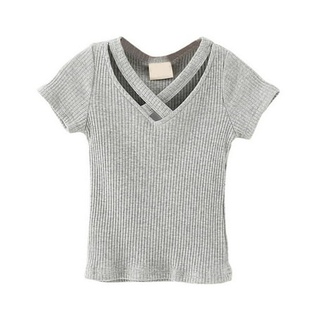 - Toddler Kid Baby Girl Hollow V-Neck Short Sleeve Cotton T Shirt Knitted Top