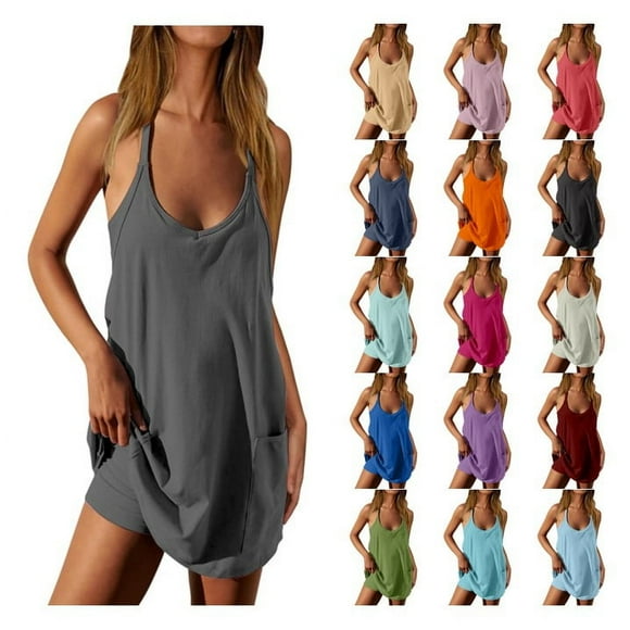 Meichang Women Athletic Dress Summer Spaghetti Strap Tennis Dress Built in Shorts Workout Active Sports Mini Romper Dress
