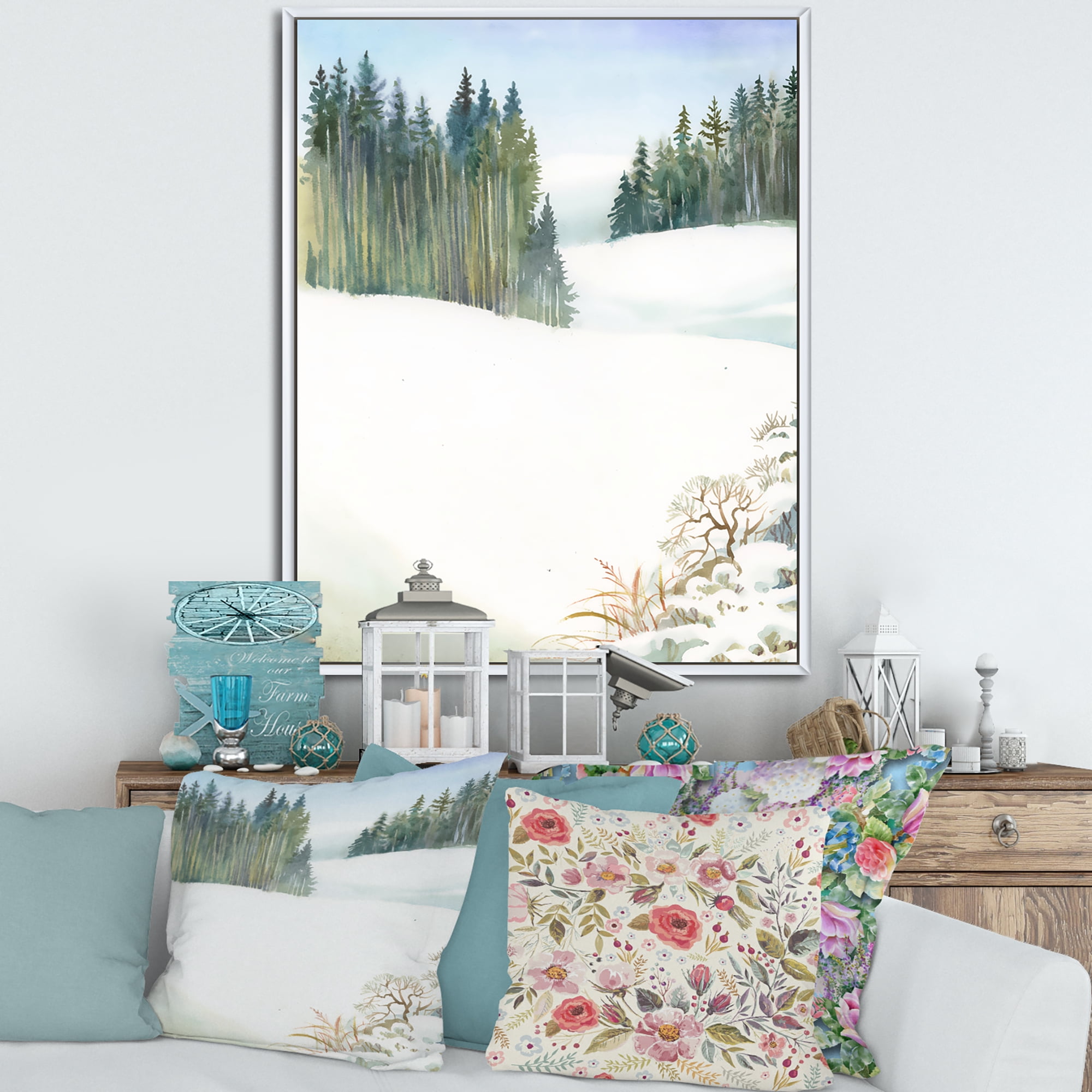 Designart 'Pine Forest In Snowy Winter Mountains' Traditional Framed Canvas Wall Art Print
