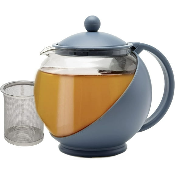 Half Moon Teapot with Removable Infuser, Glass Tea Maker with Reusable Fine Mesh Stainless Steel Filter, Dishwasher Safe, 40-Ounce, Blue