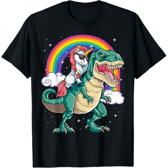 Unicorn Riding T-Rex Dinosaur T-Shirt – Funny Rainbow Tee for Boys, Girls, Men & Women