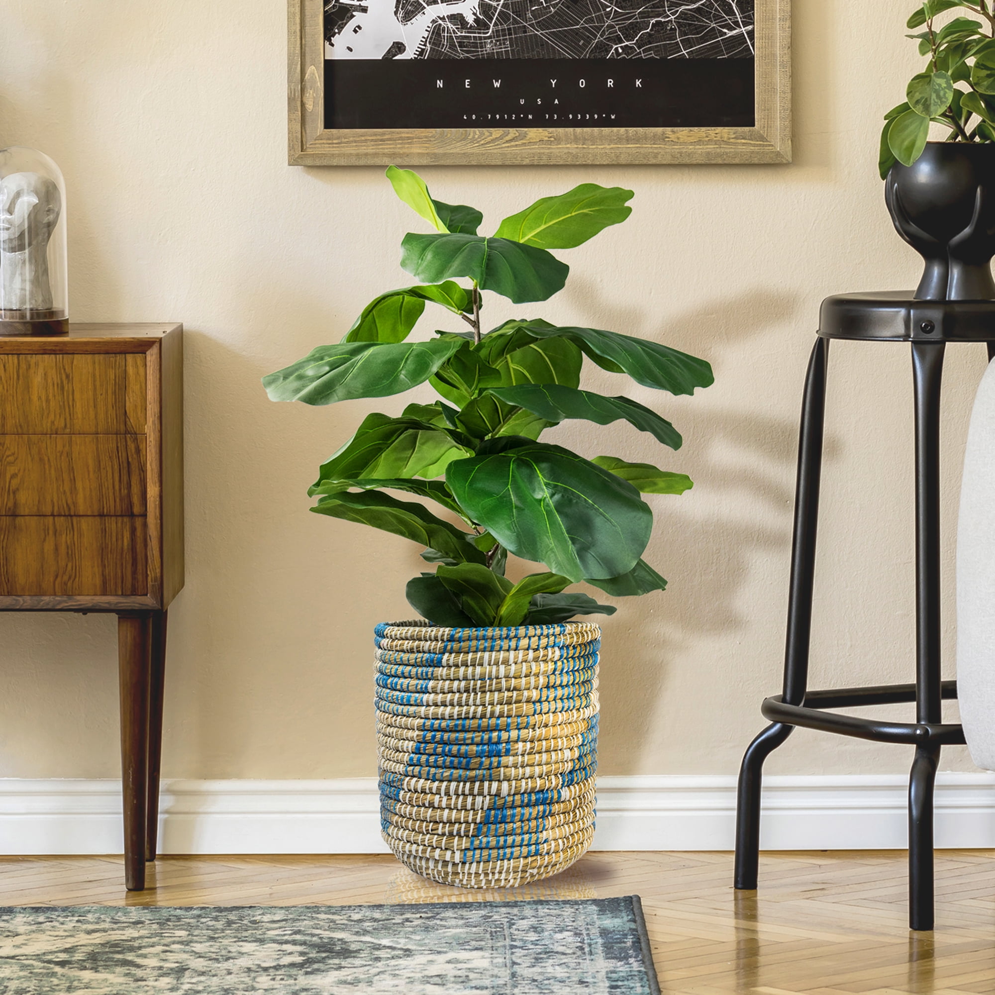 LCG Florals Artificial Plant, Deluxe Fig Plant, 4 ft, Blue and Cream Handwoven Basket