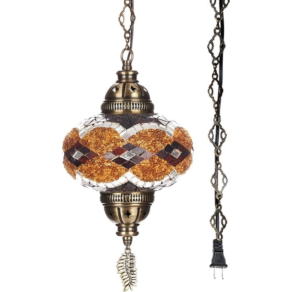 Plug-in Turkish Moroccan Mosaic Hanging Pendant Ceiling Light – Swag Lamp Fixture with 15ft Cord & Chain, Handcrafted Glass, Tiffany Style, Mediterranean Decor (Brown-Black)
