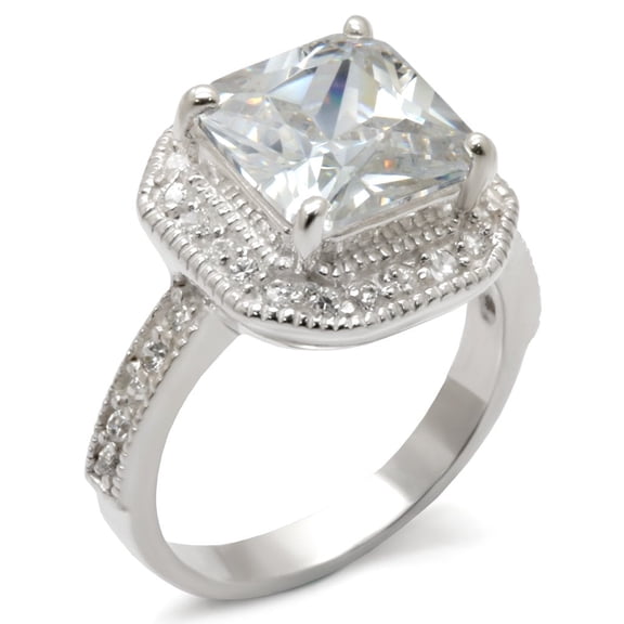 High-Polished 925 Sterling Silver Ring with AAA Grade CZ in Clear for Women Clear Stone Color Style 413407 Size 10