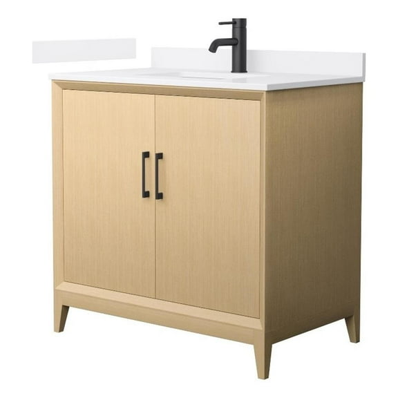 Janna 36" White Oak Single Vanity & White Quartz Top (1-Hole) & Black Trim