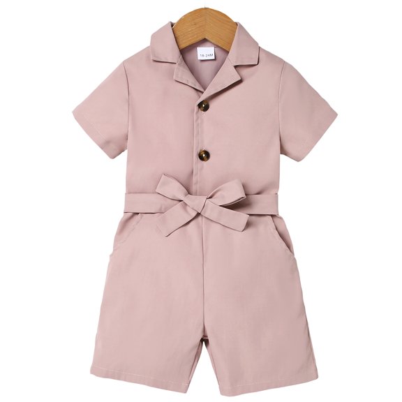 CARETOO Little Girls Summer Clothes Belt Short Sleeve Short Jumpsuit Turn Down Collar 2Pcs Set 4-7T