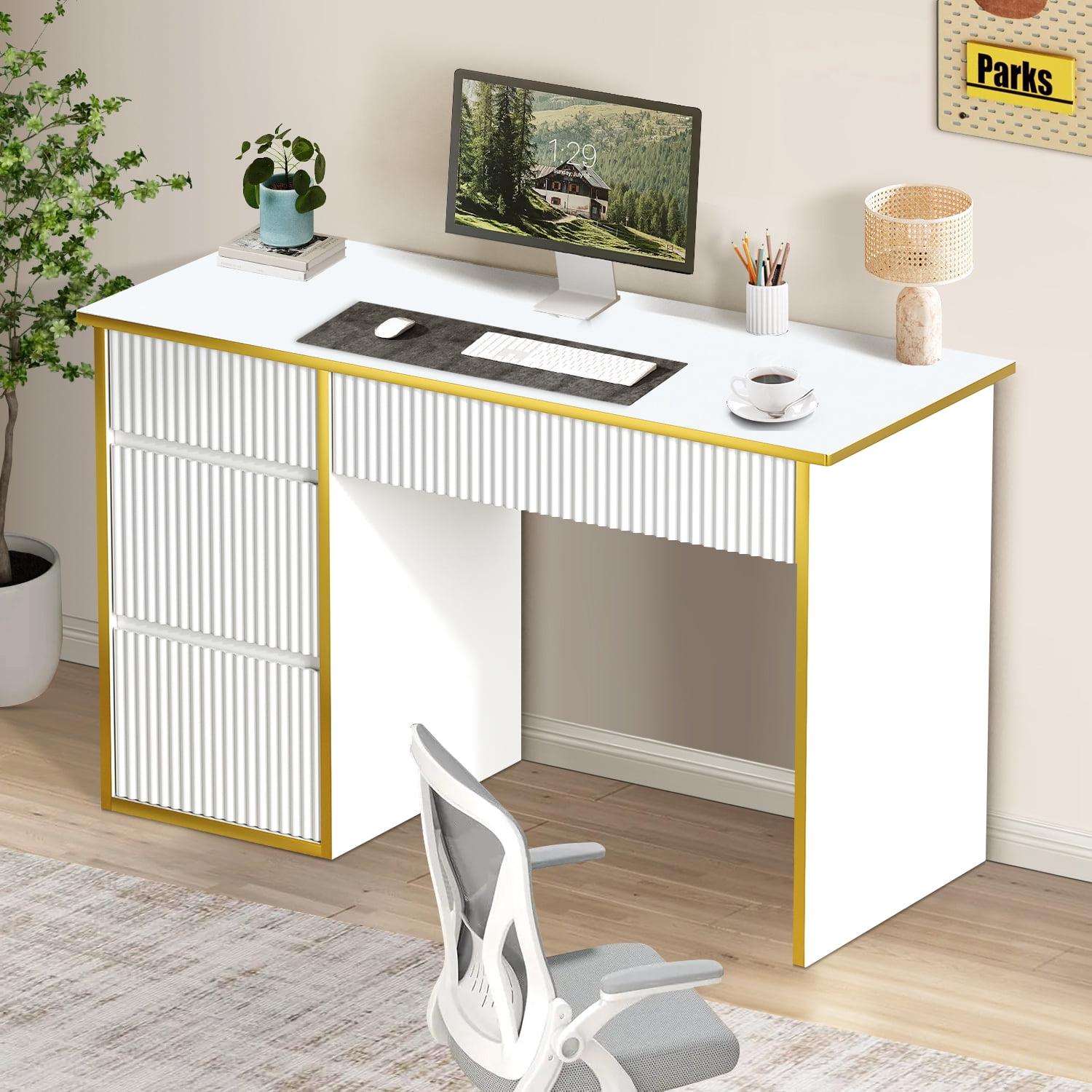 DreamCurship White Desk with Drawers, Computer Desk with Storage, Writing Desk for Bedroom, White and Gold Desk