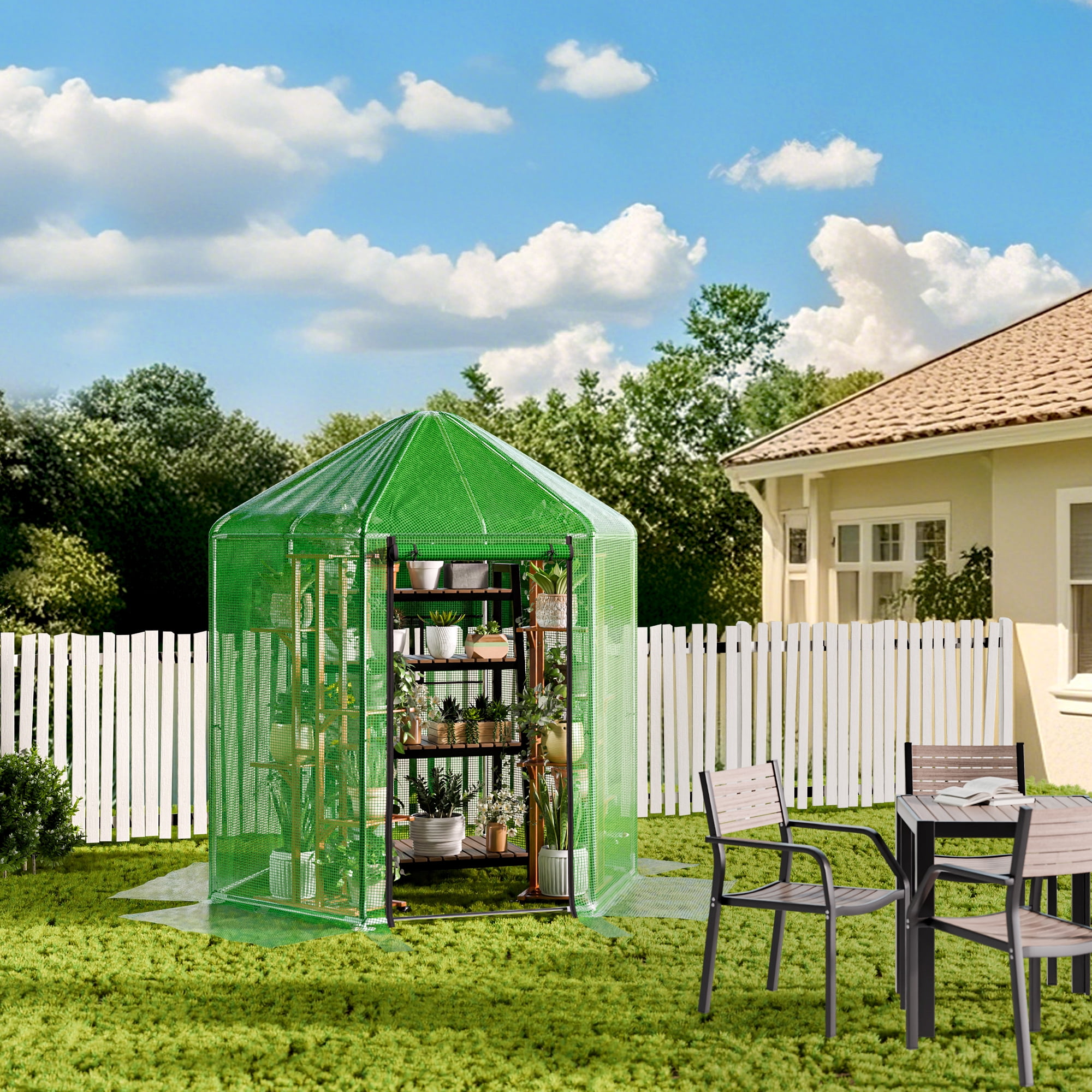 Outdoor Greenhouse, Heavy-Duty Walk-In Greenhouse for Garden/Patio/Backyard, 180g Double Layer PE Cover with Ground Stakes, Ideal for Winter Use, 7x7x7.3 FT