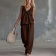 thumbnail image 4 of BRELIL Women's Two Piece Sets Summer Casual Loungewear V Neck Sleeveless Tank Top Wide Leg Loose Long Pants Matching Sets Solid Boho Beach Outfits Vacation Travel Tracksuit, Brown XL, 4 of 6