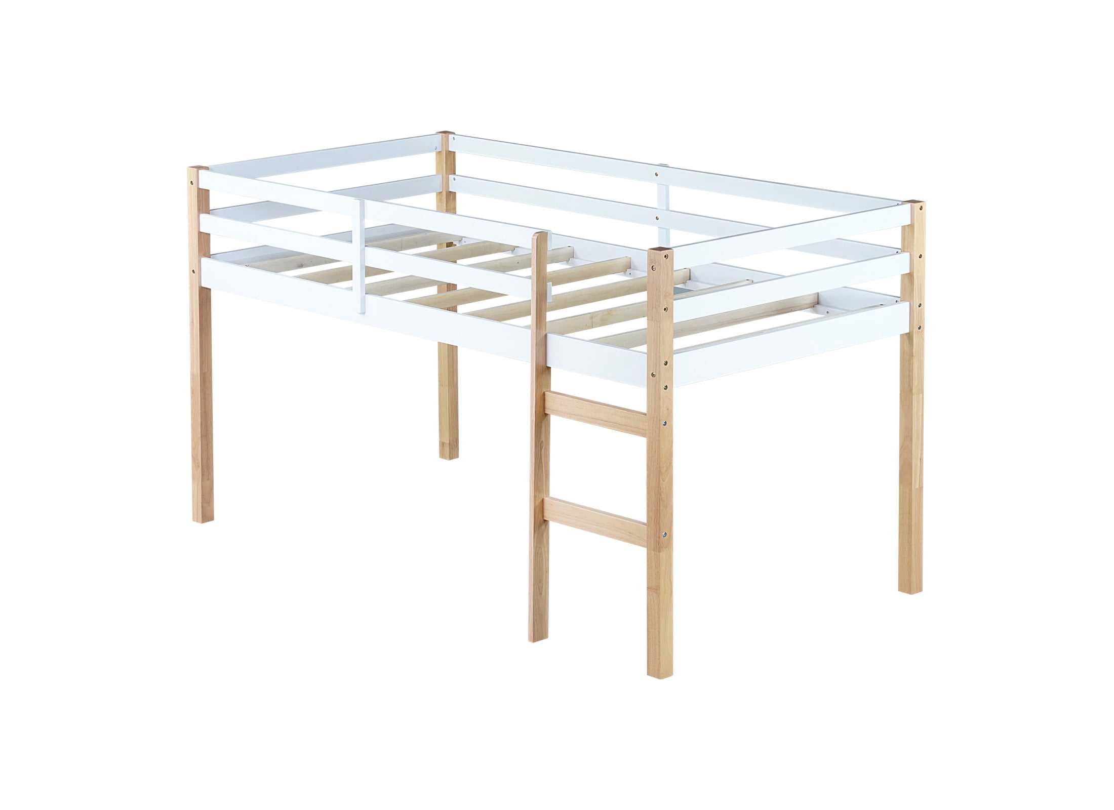 Aukfa Rubber Wood Twin Loft Bed with Ladder for Kids Girls Boys, Strengthened Slats, Natural/White