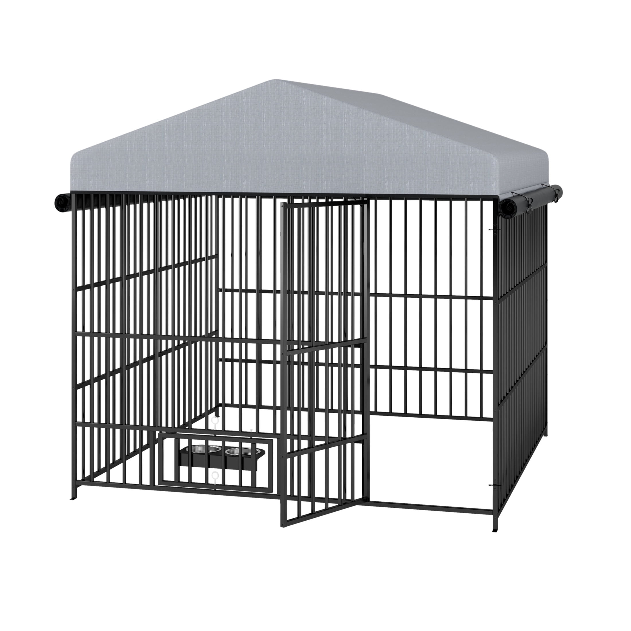 Noble House Large Outdoor Metal Dog Kennel with Roof Cover & Bowls, 6.6' x 6.6' x 6.4', Black+Gray