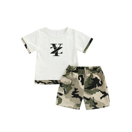 

Frobukio Toddler Kids Boys 2Pcs Outfits Letter Print Round Neck Short Sleeve T-Shirt + Camouflage Shorts Summer Set White 1-2 Years