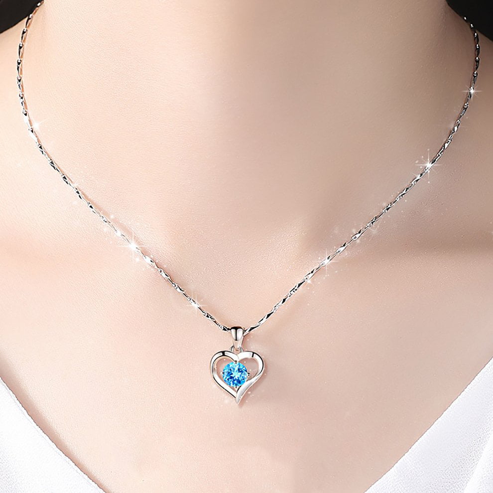 Women's Fashion Silver Chain Zircon Blue Crystal Pendant Necklace Jewelry Gift